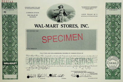 Walmart Stores Stock Certificate - Specimen