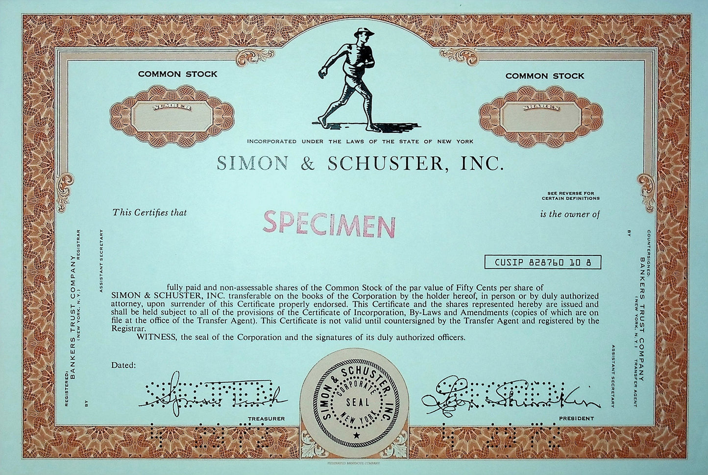 Simon & Schuster, Inc. Stock Certificate Specimen