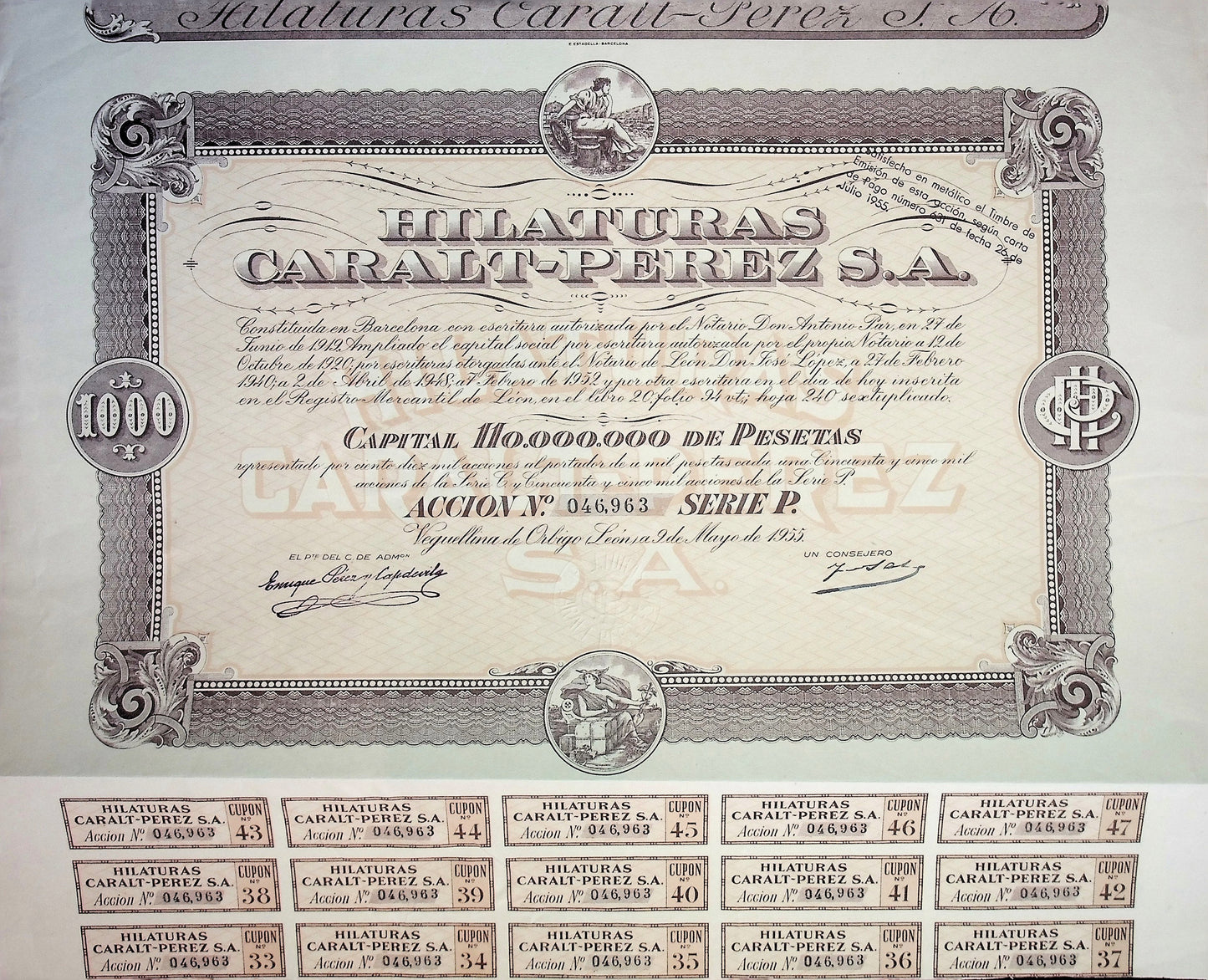 Hilaturas Caralt-Perez Bond Certificate (Spanish textile co)