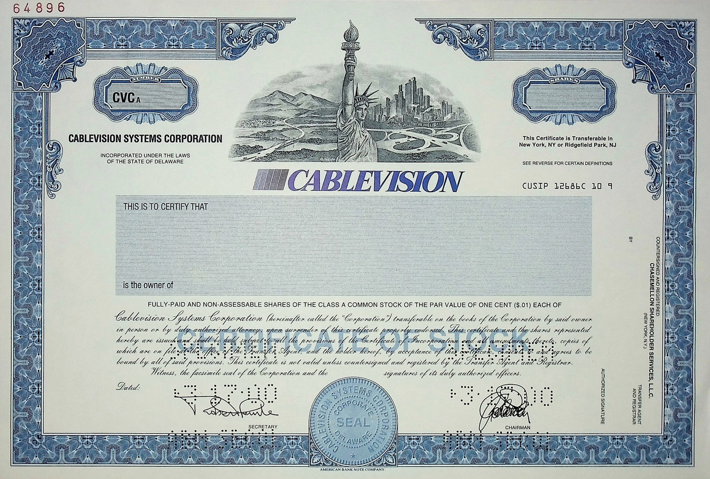 Cablevision (NY area) Specimen Stock Certificate