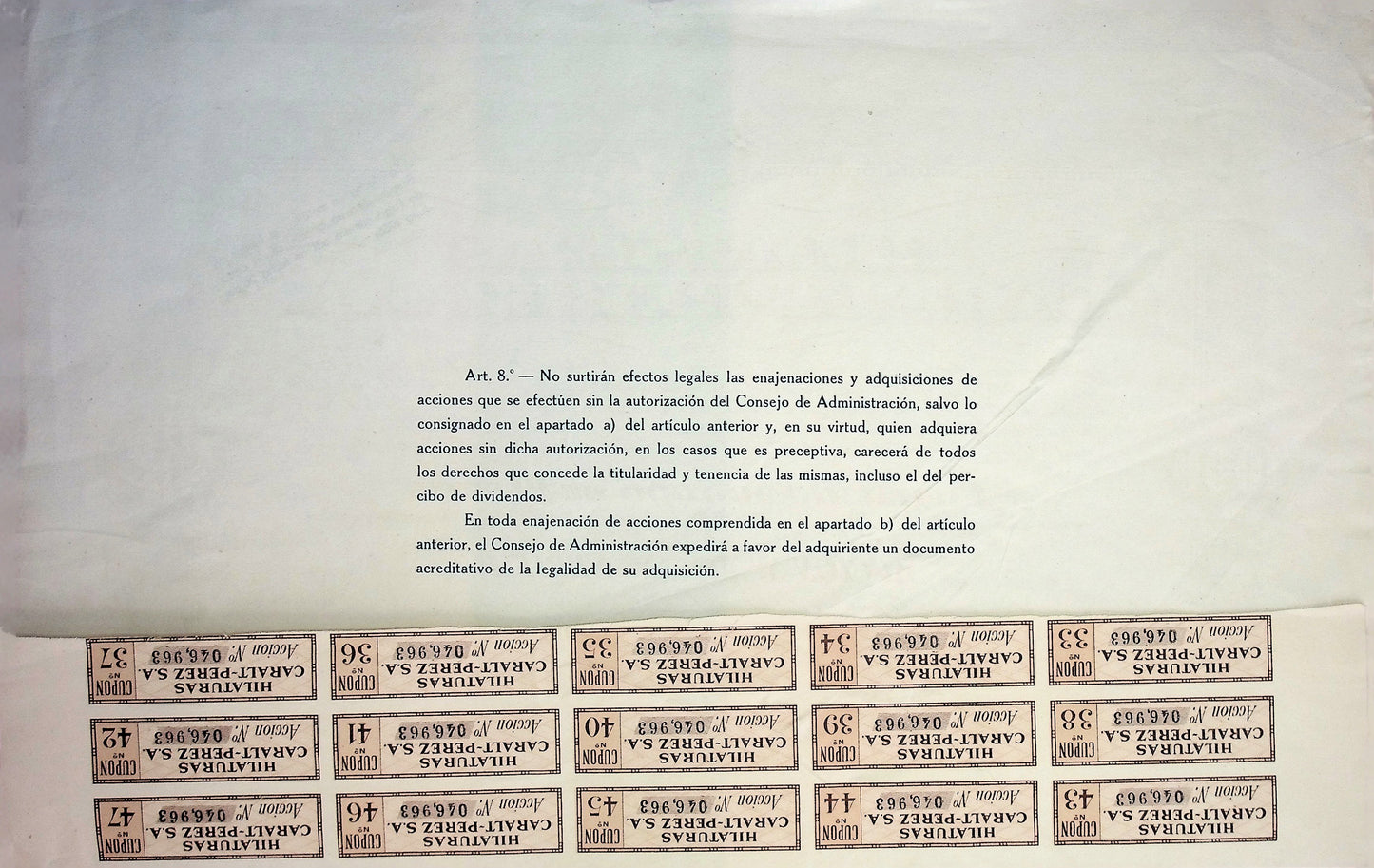 Hilaturas Caralt-Perez Bond Certificate (Spanish textile co)