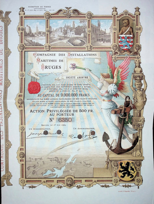 Compagnie de Installations Maritime de Bruges Stock Certificate (Port of Zeebrugge, Belgium)