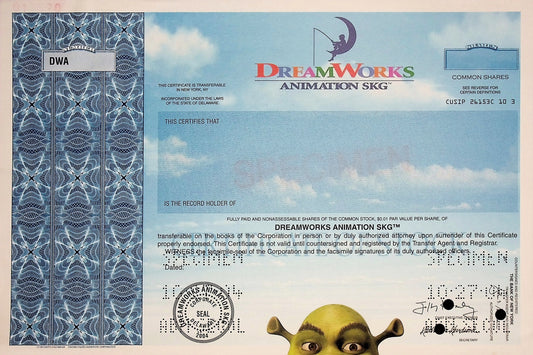 DreamWorks Animation - Specimen Stock Certificate (Colorful w/ Shrek!)