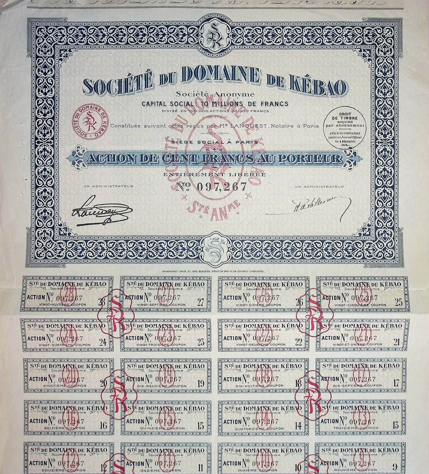 Societe Du Domain De Kebao (French/ Vietnam Coal Mining) Bond Certificate