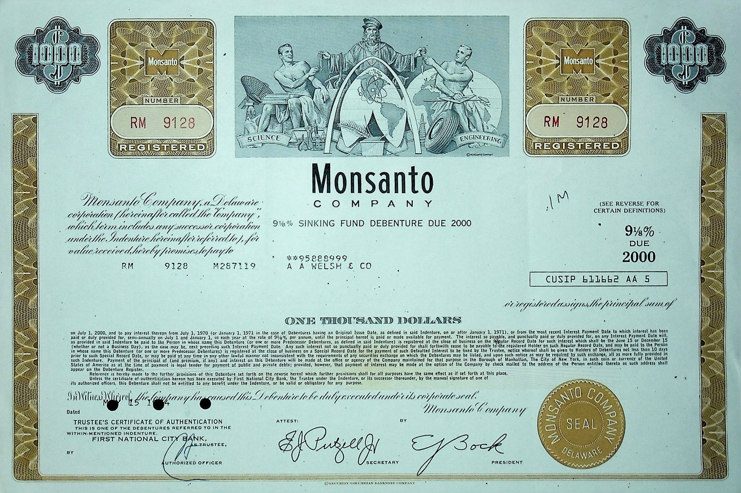 Monsanto (now Bayer) Bond Certificate 1970s