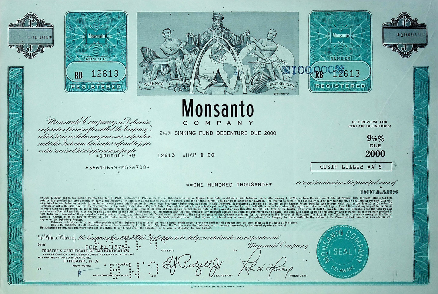 Monsanto (now Bayer) Bond Certificate 1970s