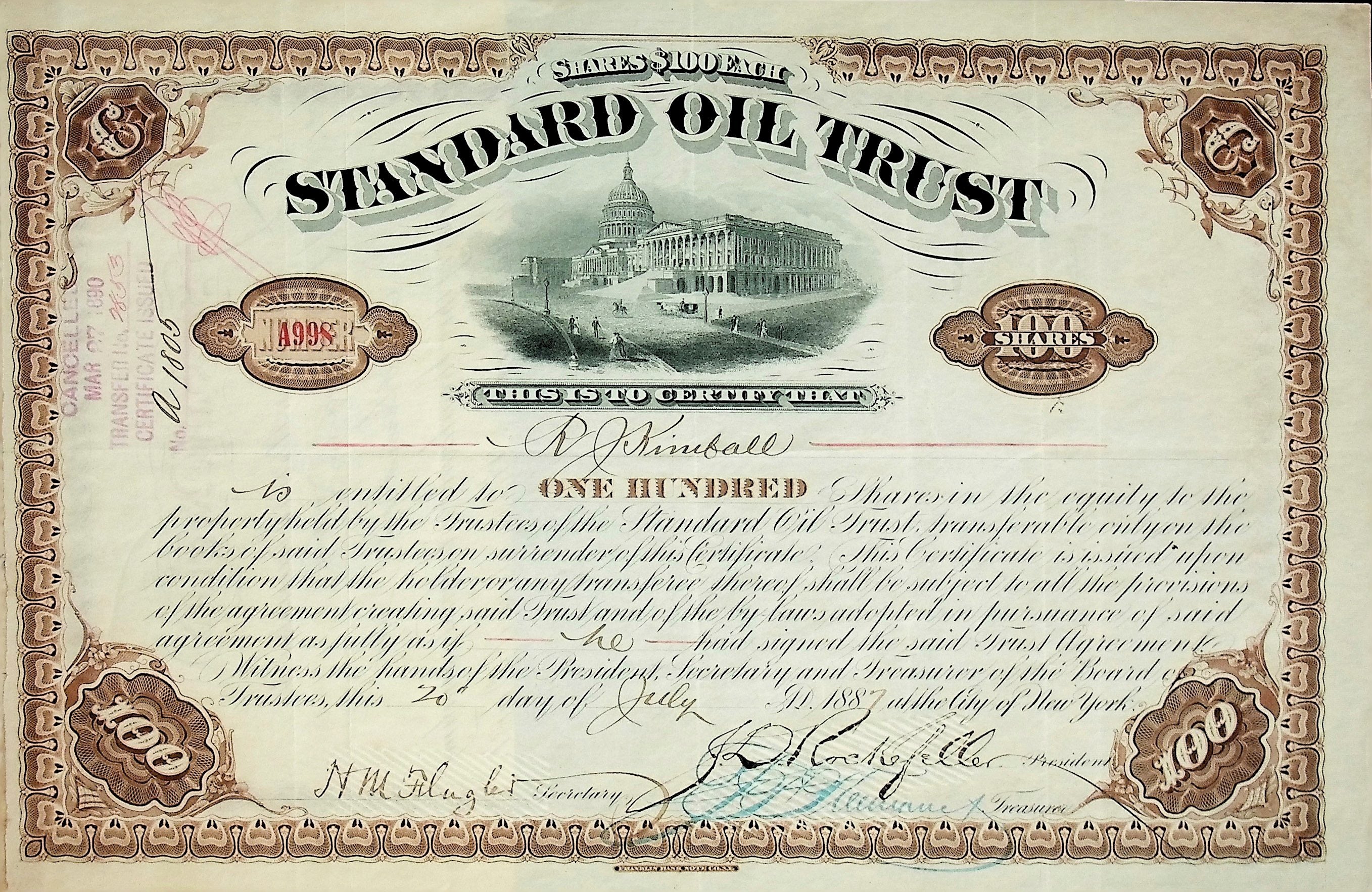 Standard Oil Stock Certificate Signed by John D Rockefeller & Henry Flagler (Very Rare)