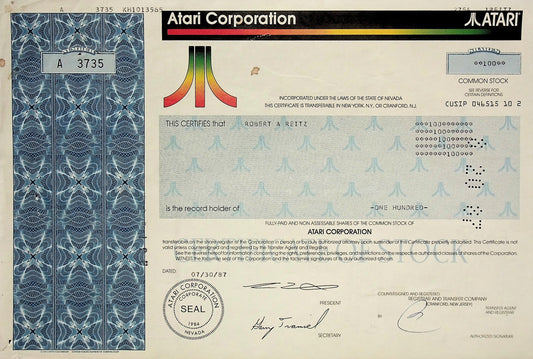 Atari Stock Certificate