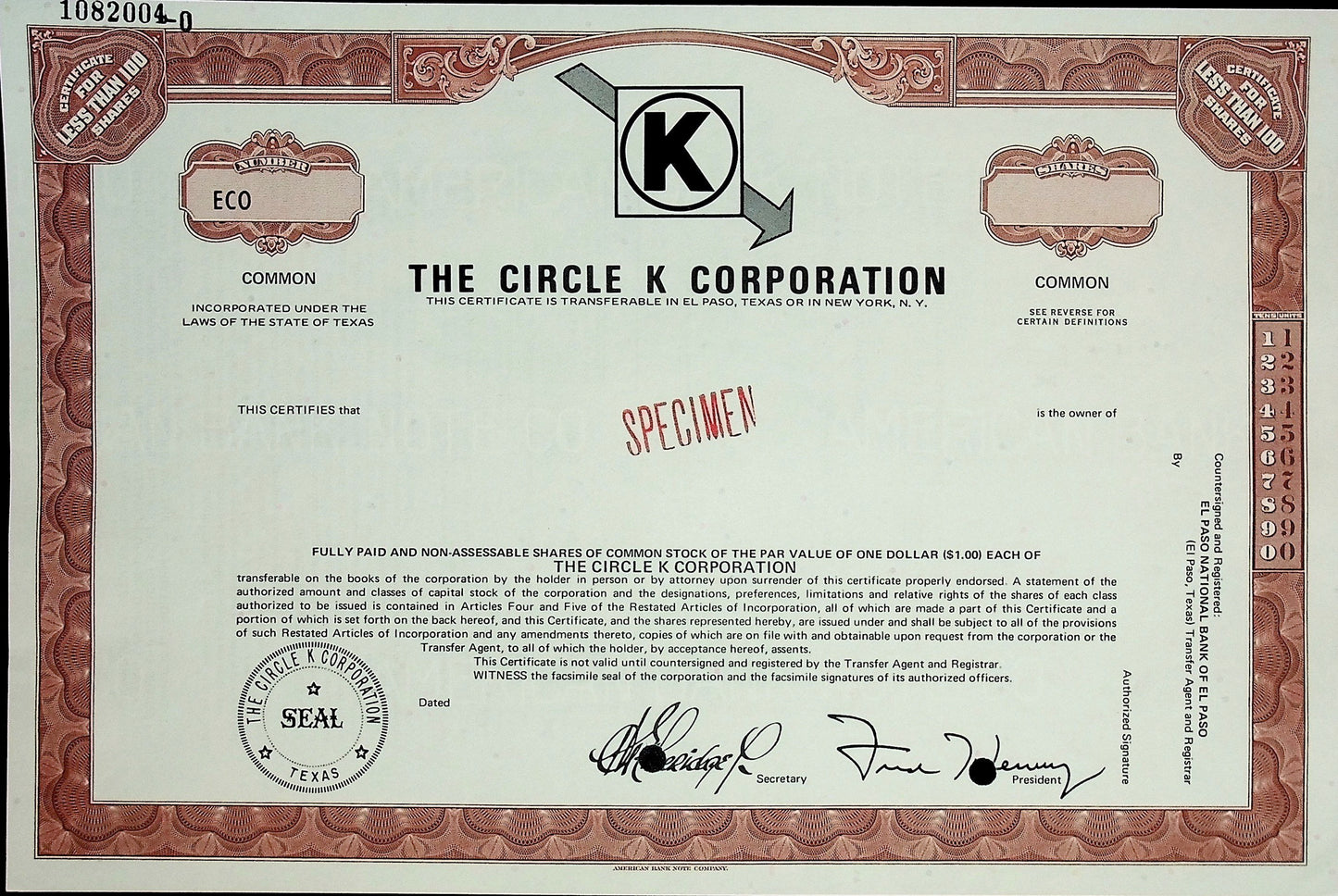 The Circle K Stores Corporation Stock Certificate Specimen