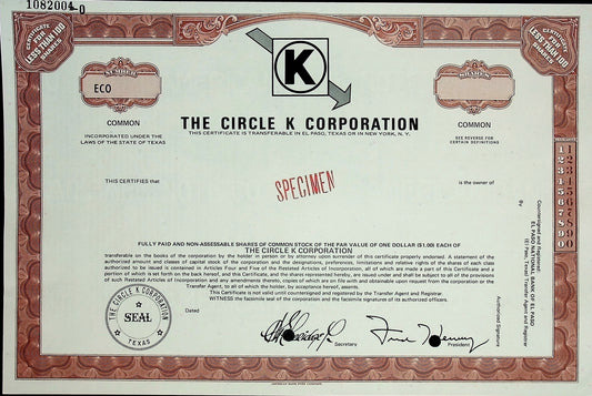 The Circle K Stores Corporation Stock Certificate Specimen