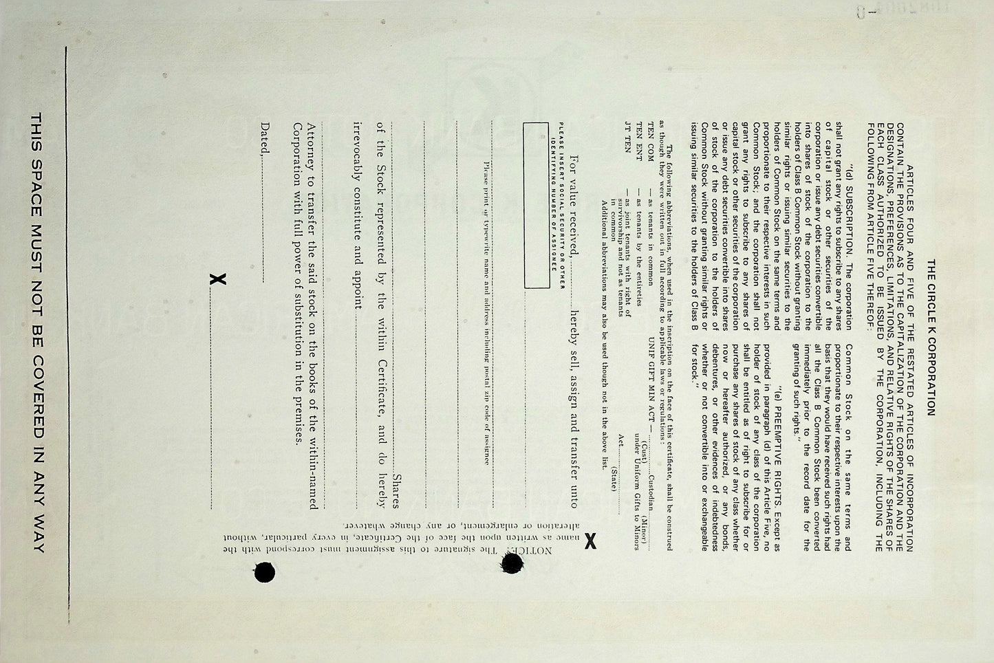 The Circle K Stores Corporation Stock Certificate Specimen