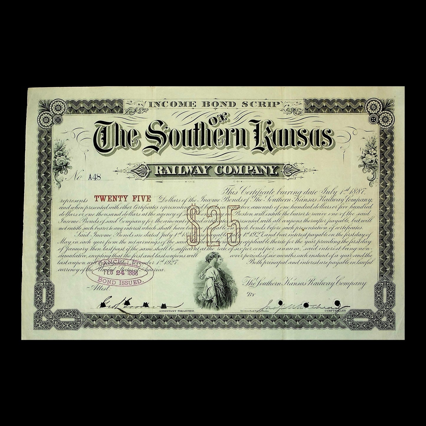 The Southern Kansas Railway Company Income Bond Certificate 1888
