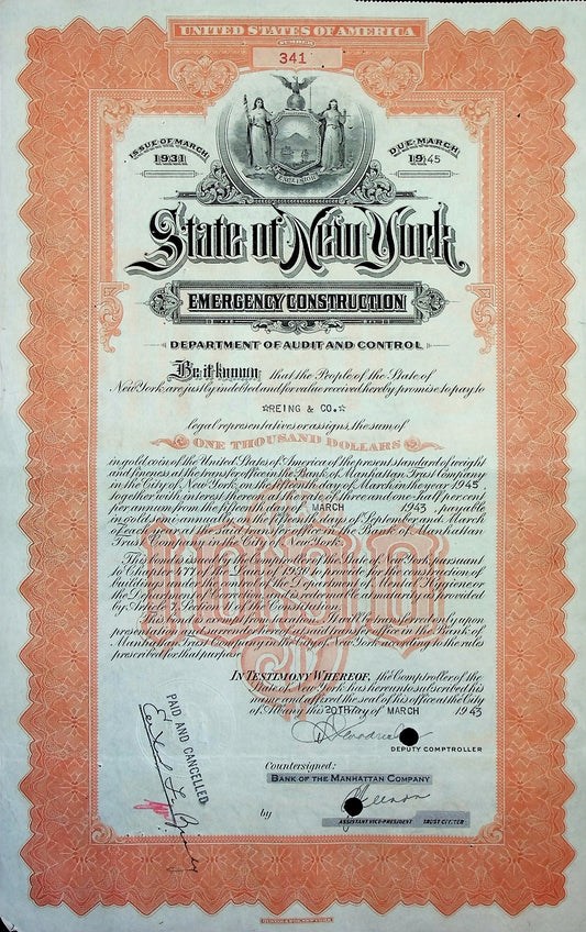 State of New York Emergency Construction Bond Certificate