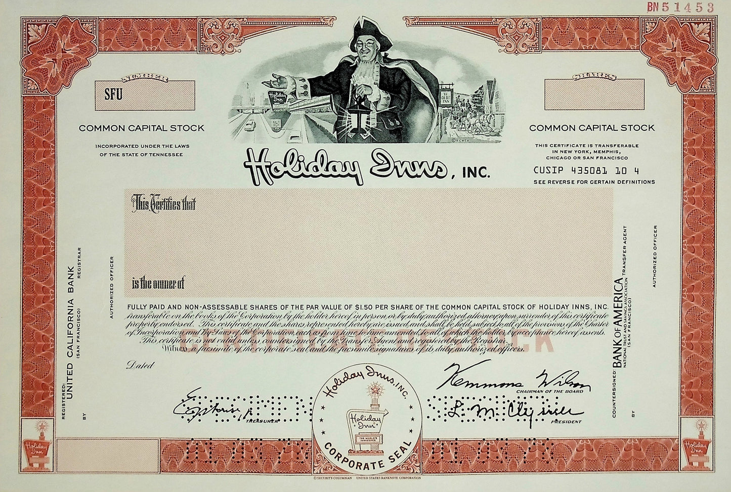 Holiday Inns, Inc 1978 Stock Certificate Specimen