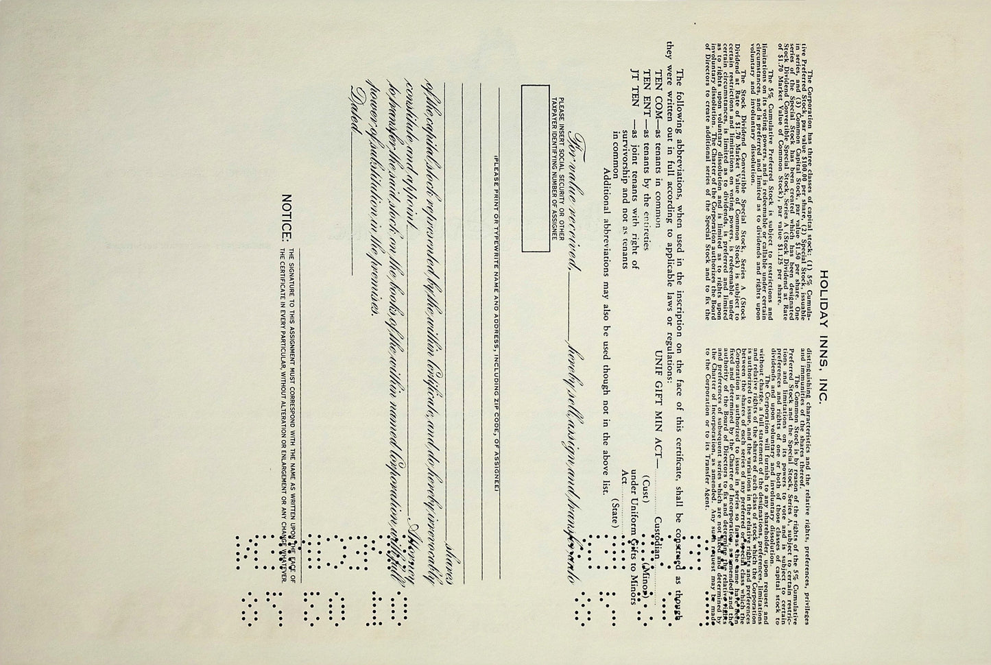 Holiday Inns, Inc 1978 Stock Certificate Specimen
