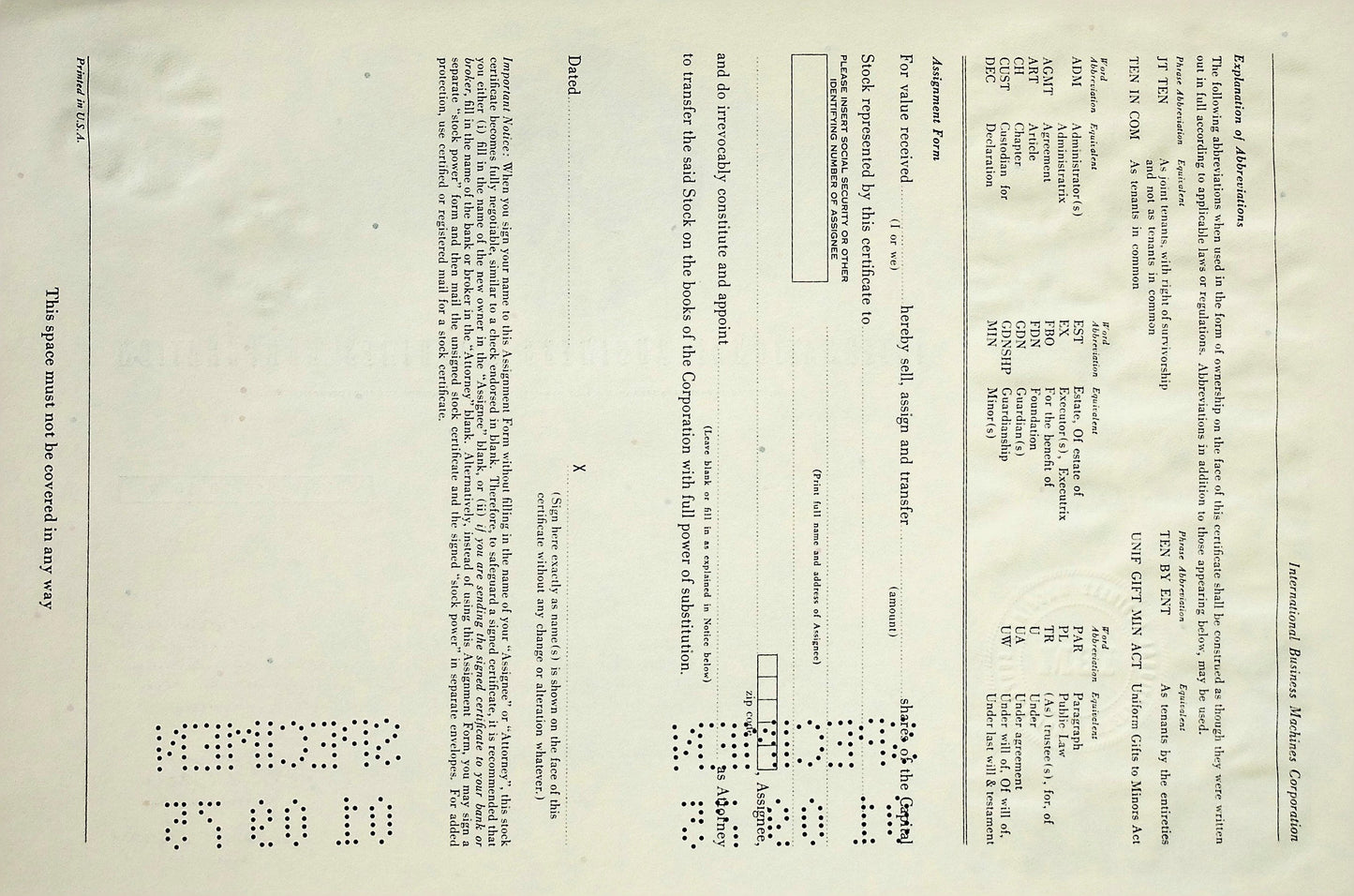 IBM International Business Machines Corp 1975 Stock Certificate