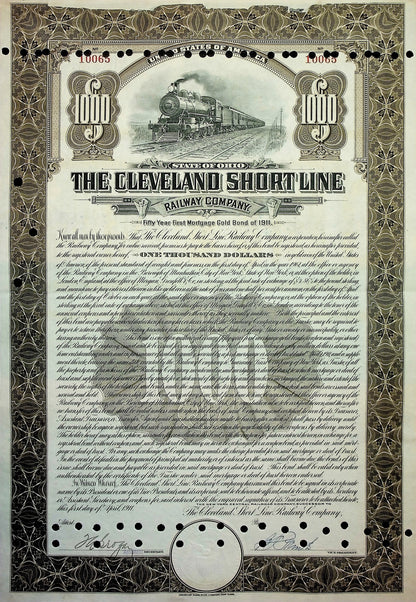 The Cleveland Short Line Railway Company Gold Bond Certificate from 1911