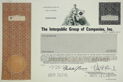 The Interpublic Group of Companies Inc (IPG Ad agency), Stock Certificate Specimen