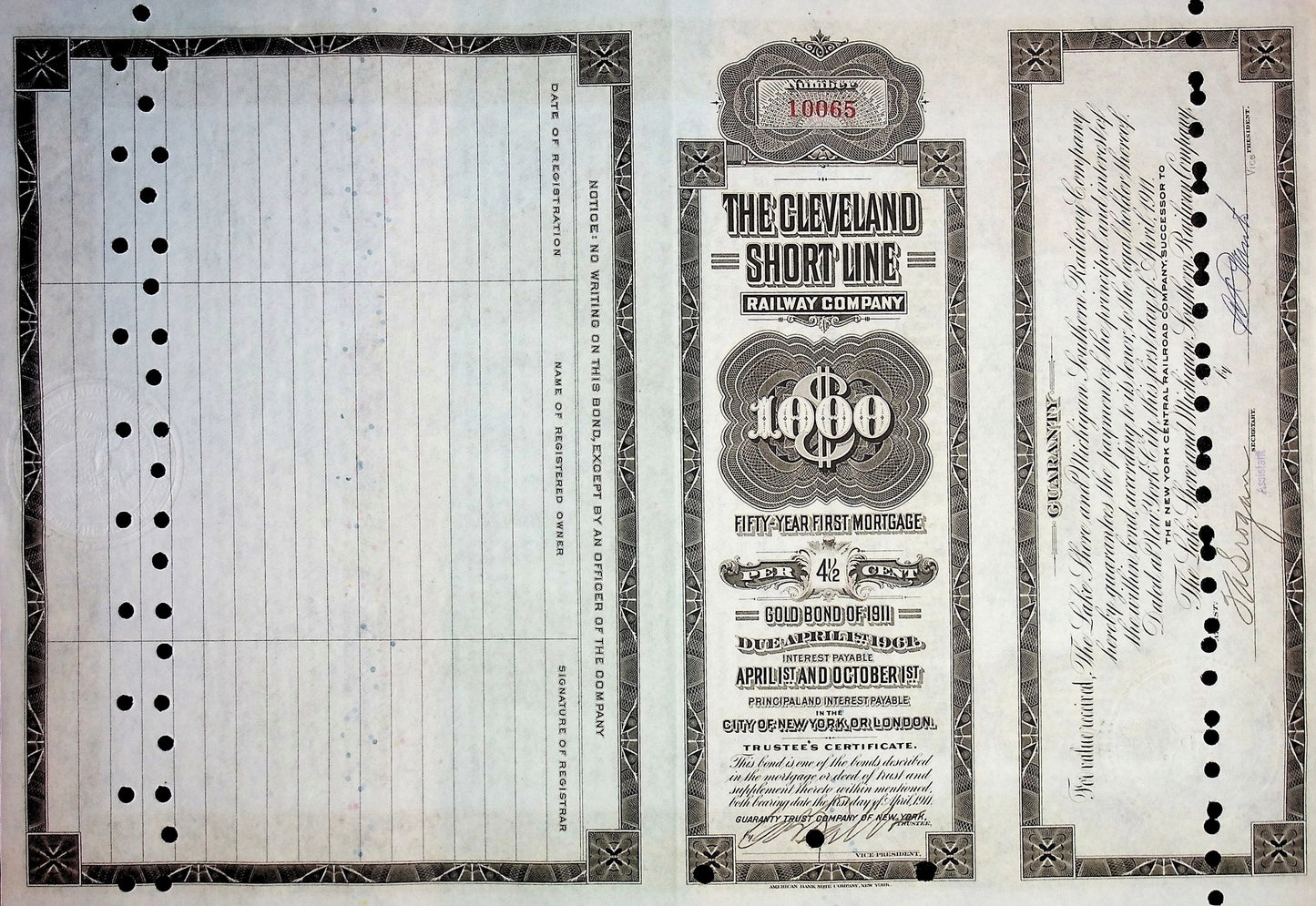 The Cleveland Short Line Railway Company Gold Bond Certificate from 1911