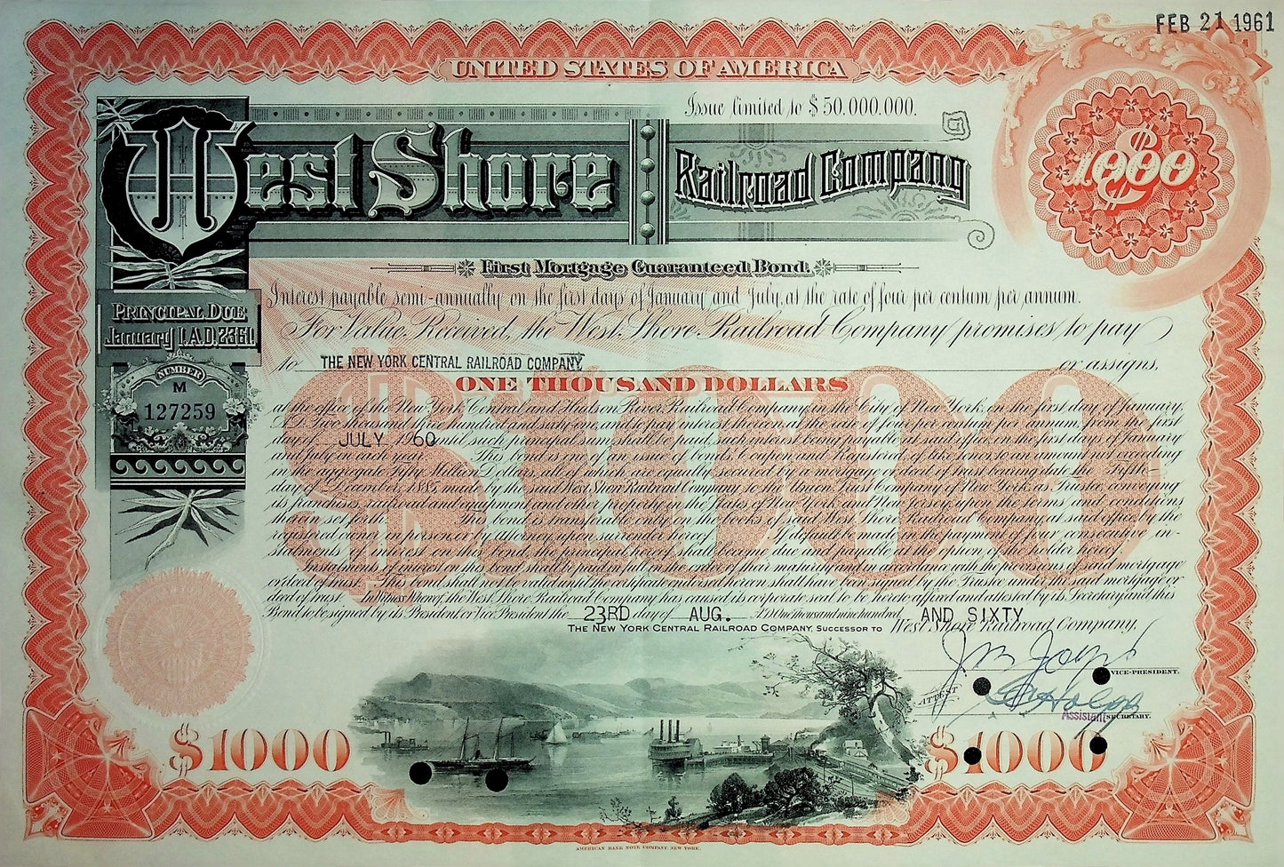 West Shore Railroad Company Bond 1940s