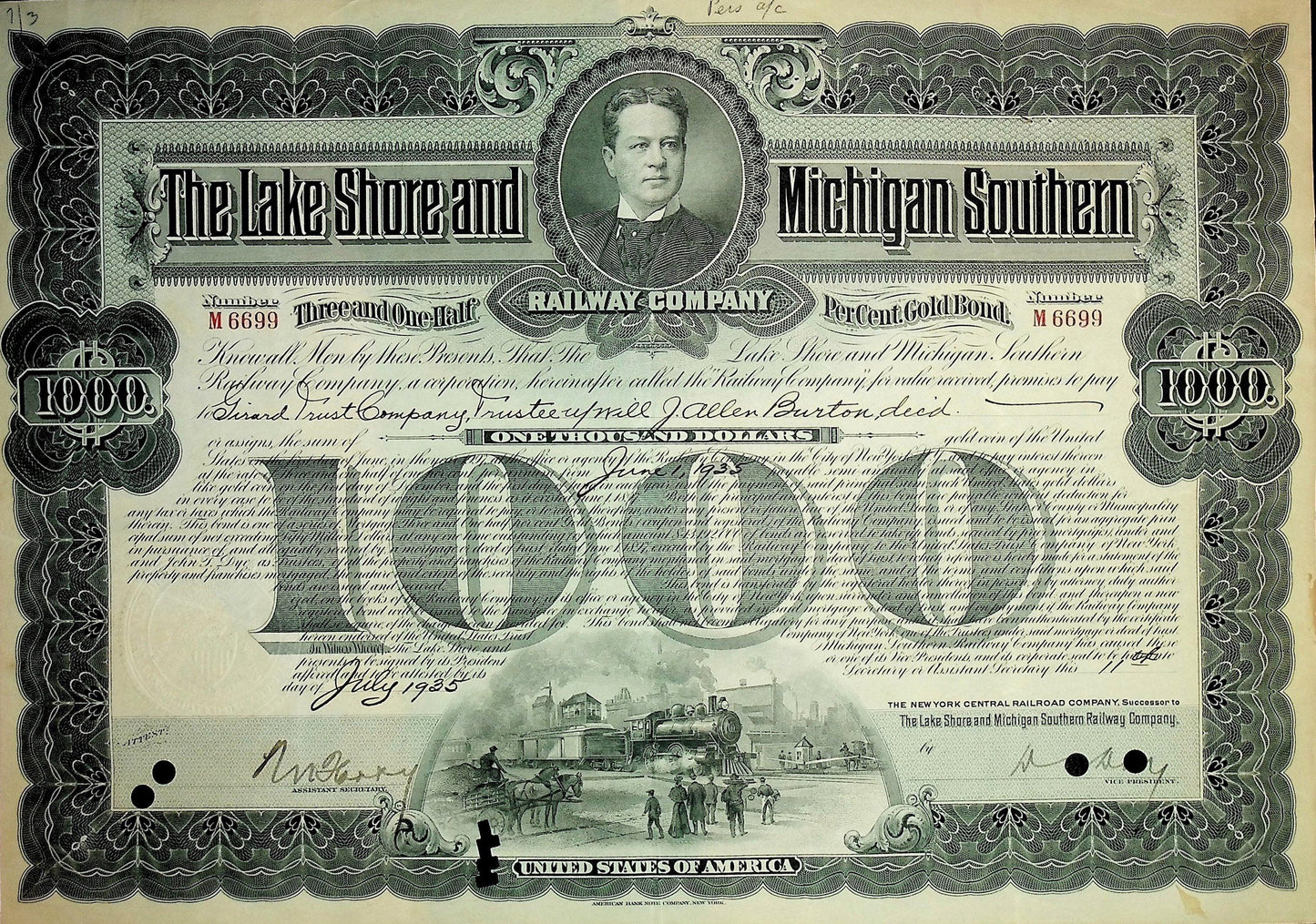 The Lake Shore and Michigan Southern Railway Company 1935 Bond Certificate