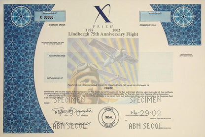 X Prize Lindberg 75th Anniversary Flight Stock Certificate Specimen from 2004