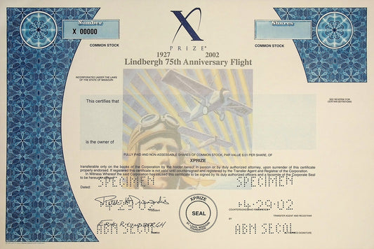 X Prize Lindberg 75th Anniversary Flight Stock Certificate Specimen from 2004