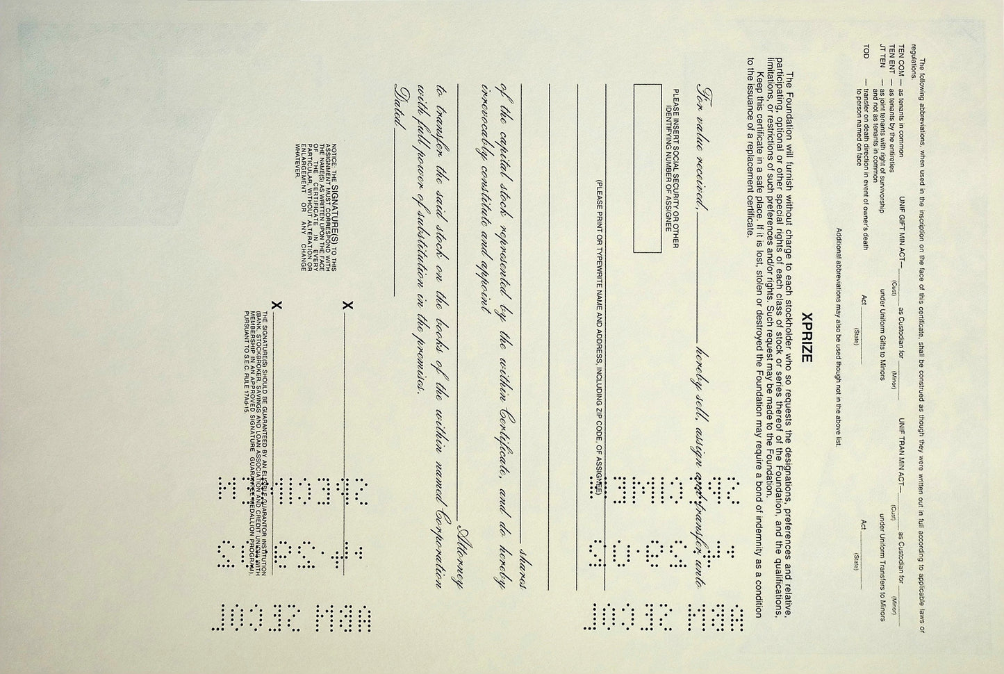 X Prize Lindberg 75th Anniversary Flight Stock Certificate Specimen from 2004