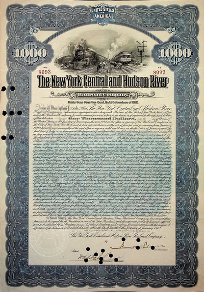 New York Central and Hudson River Railroad Company Large Bond Certificate