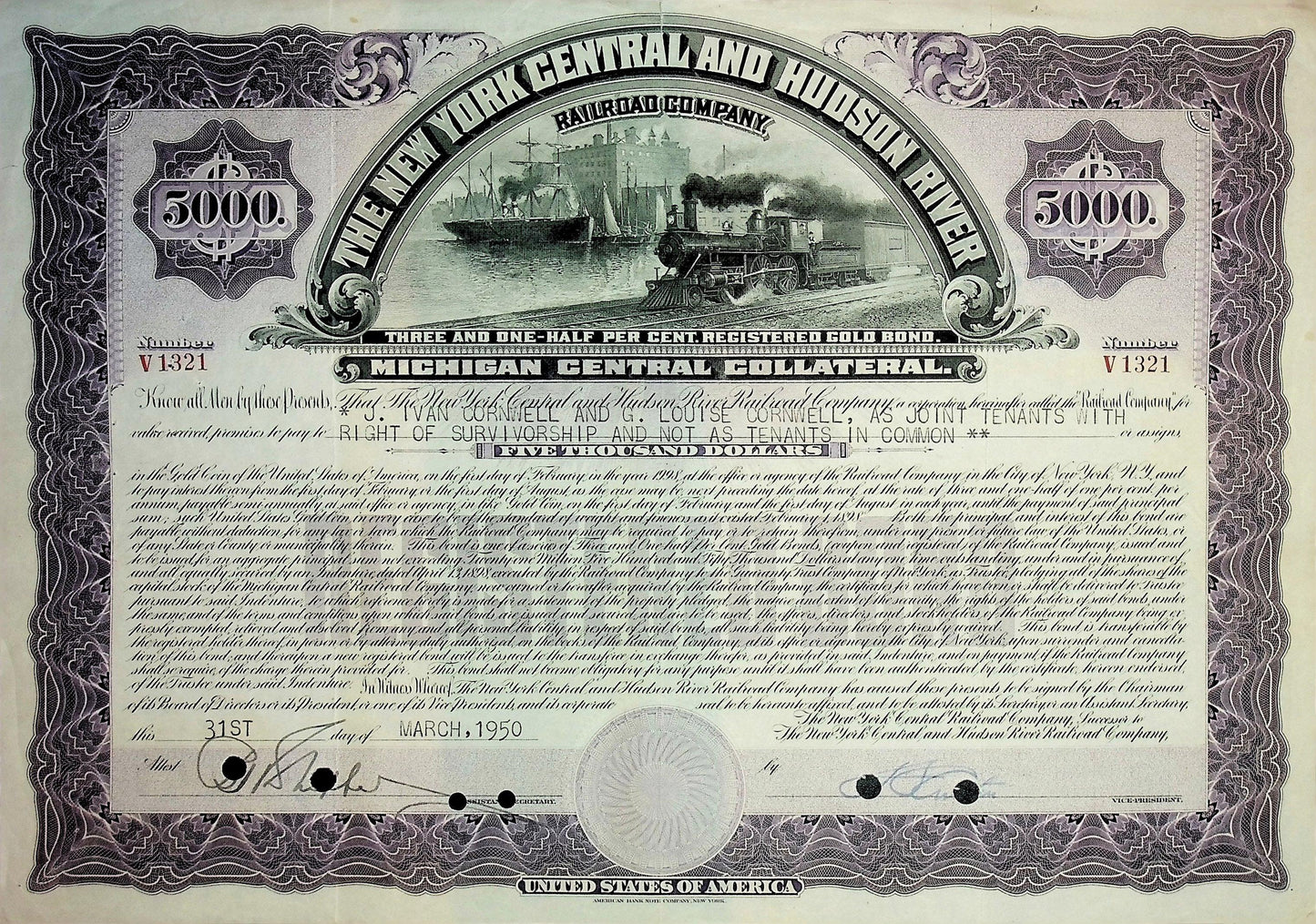 Iconic New York Central and Hudson River Railroad Company Bonds (six color options)