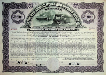 Iconic New York Central and Hudson River Railroad Company Bonds (six color options)