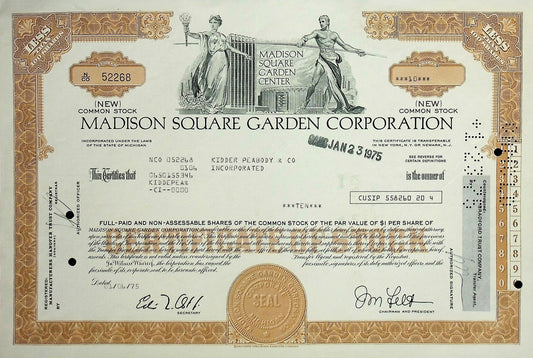 Madison Square Garden (MSG) Corporation Stock Certificate 1970s - Multiple Colors