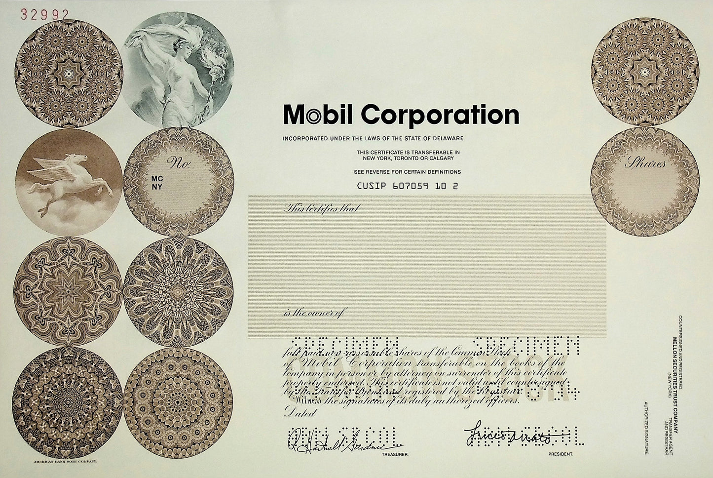 Mobile Corporation 1994 Stock Certificate Specimen