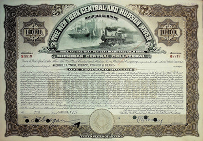 Iconic New York Central and Hudson River Railroad Company Bonds (six color options)