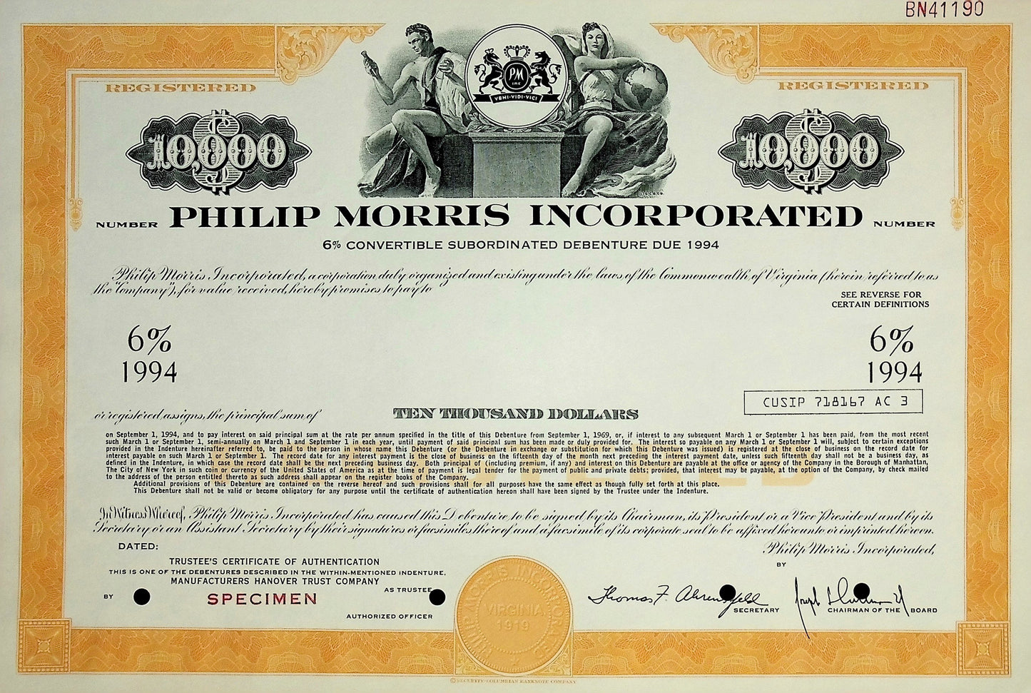 Philip Morris Incorporated $10,000 Bond Certificate Specimen