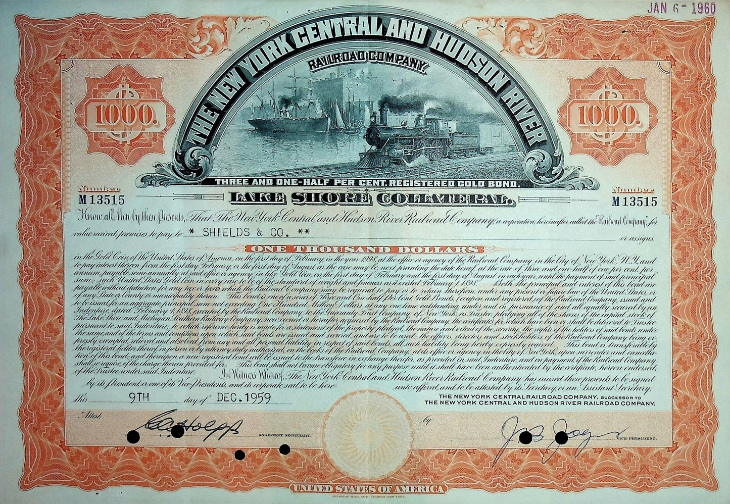 Iconic New York Central and Hudson River Railroad Company Bonds (six color options)