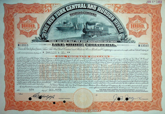 Iconic New York Central and Hudson River Railroad Company Bonds (six color options)