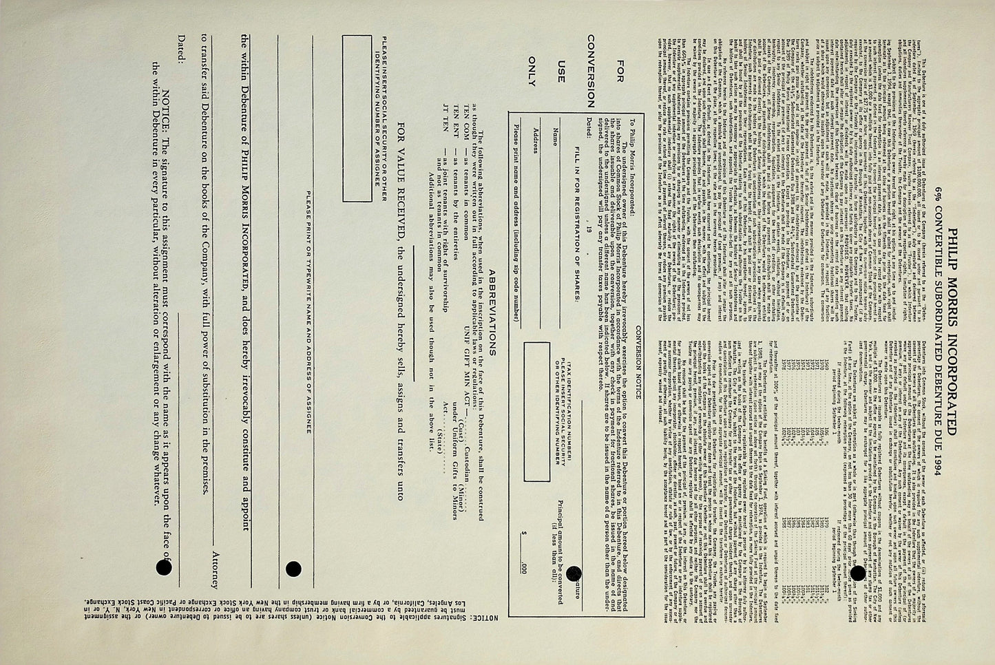 Philip Morris Incorporated $10,000 Bond Certificate Specimen