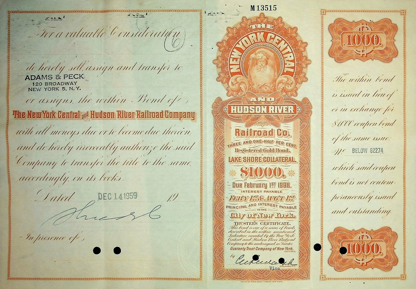 Iconic New York Central and Hudson River Railroad Company Bonds (six color options)