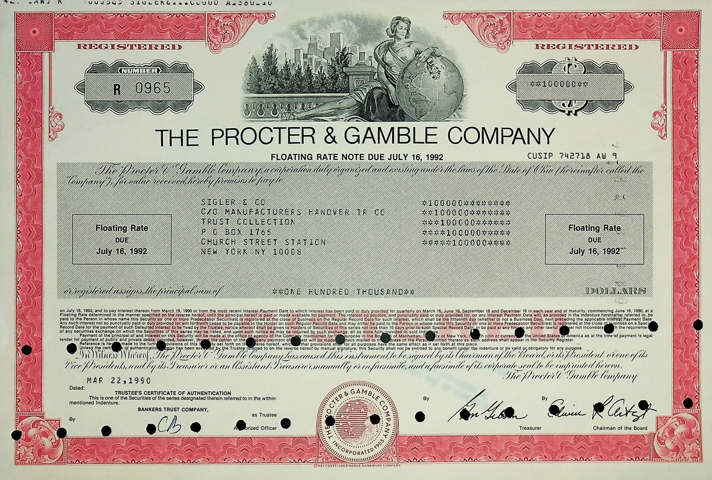 Procter & Gamble (P&G) $100k Bond Certificate