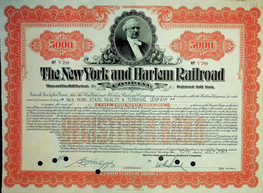 The New York and Harlem Railroad Company Bond with portrat of Vanderbilt