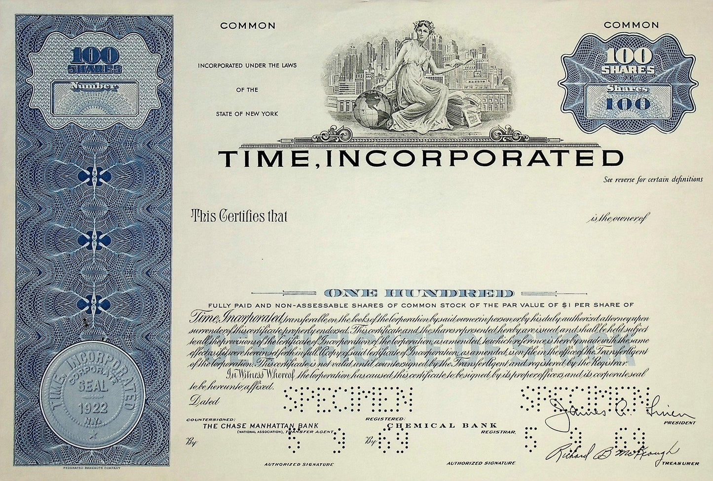 Time, Incorporated Stock Certificate Specimen from 1969