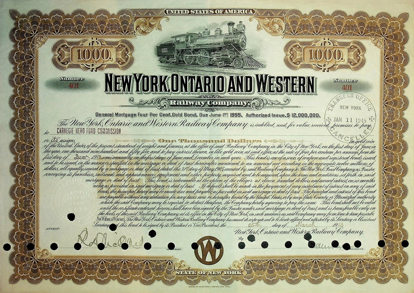 New York Ontario & Western Railway Company Gold Bond