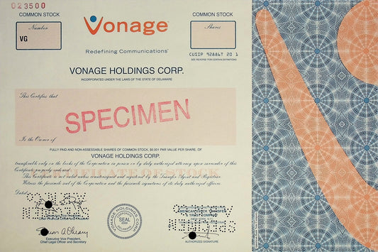 Vonage VOIP Stock Certificate