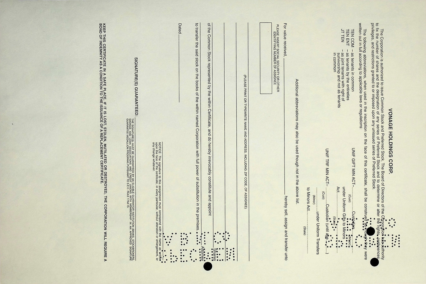 Vonage VOIP Stock Certificate