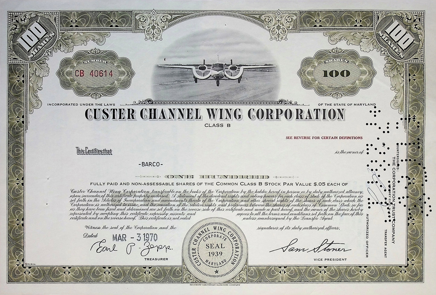 Cluster Channel Wing Corporation Stock Certificate