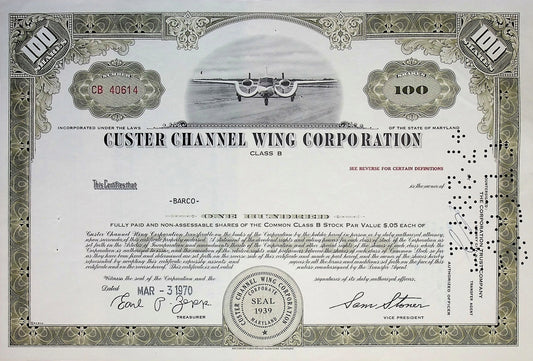 Cluster Channel Wing Corporation Stock Certificate