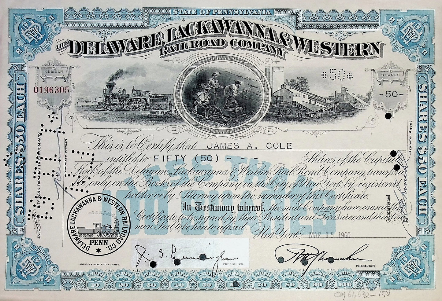 Delaware Lackawanna & Western Railroad Company Stock Certificate