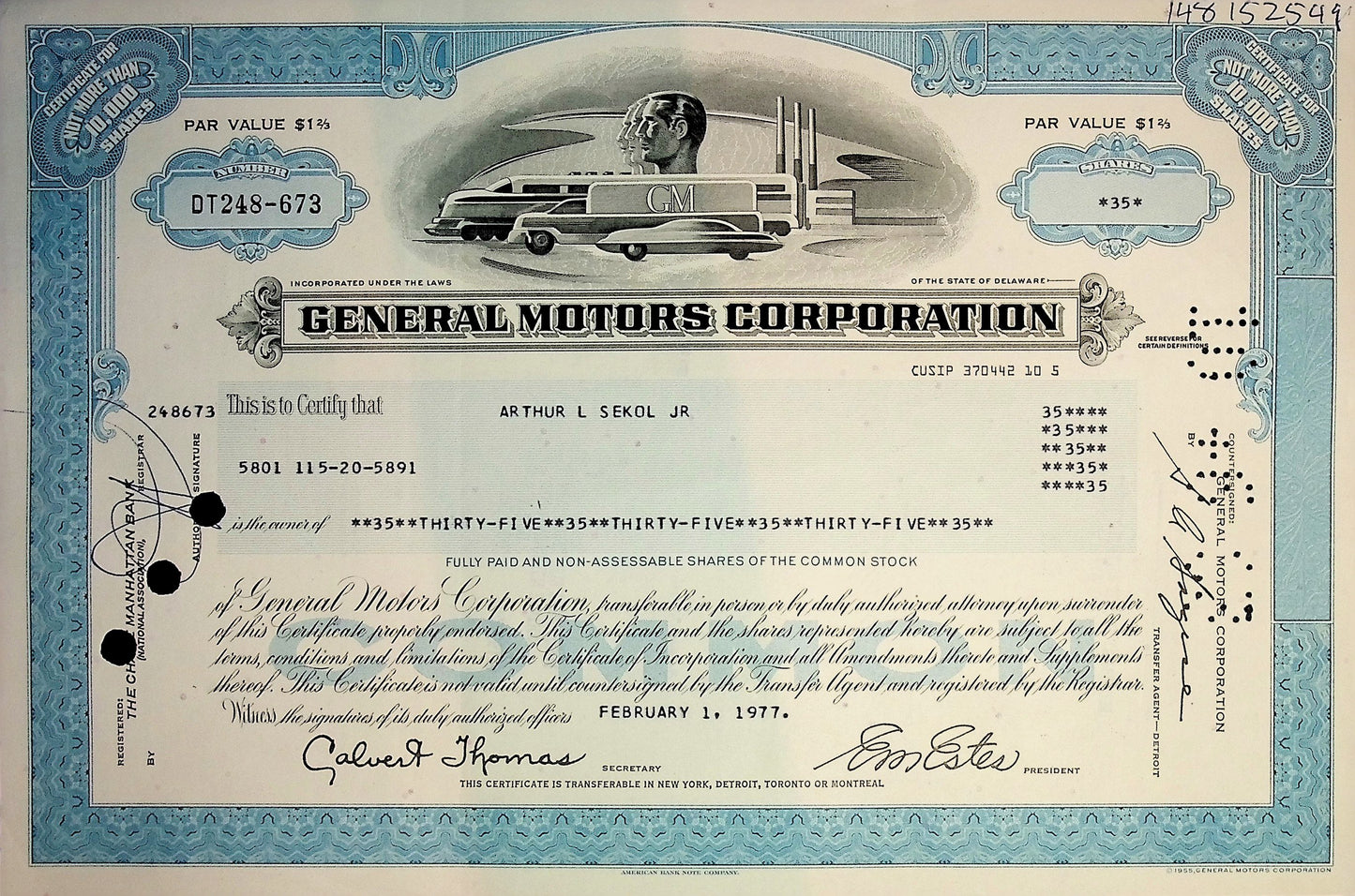 General Motors Stock Certificate (Multiple colors)