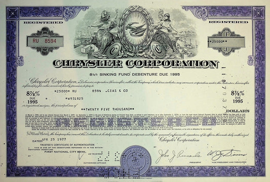 Chrysler Automotive Bond Certificates (Multiple colors avail)